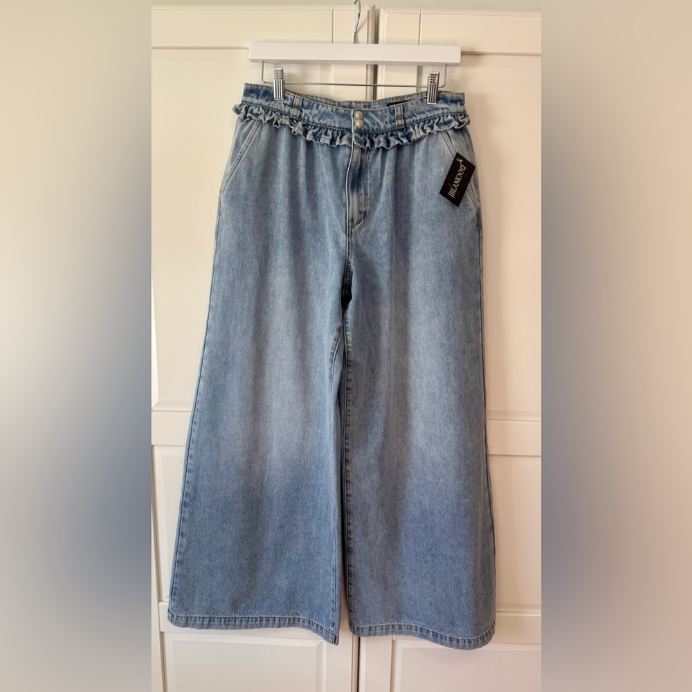 Blank NYC The Reeve Blue Denim Wide Leg Ruffled Waist Jeans NWT Size:27 RARE!!